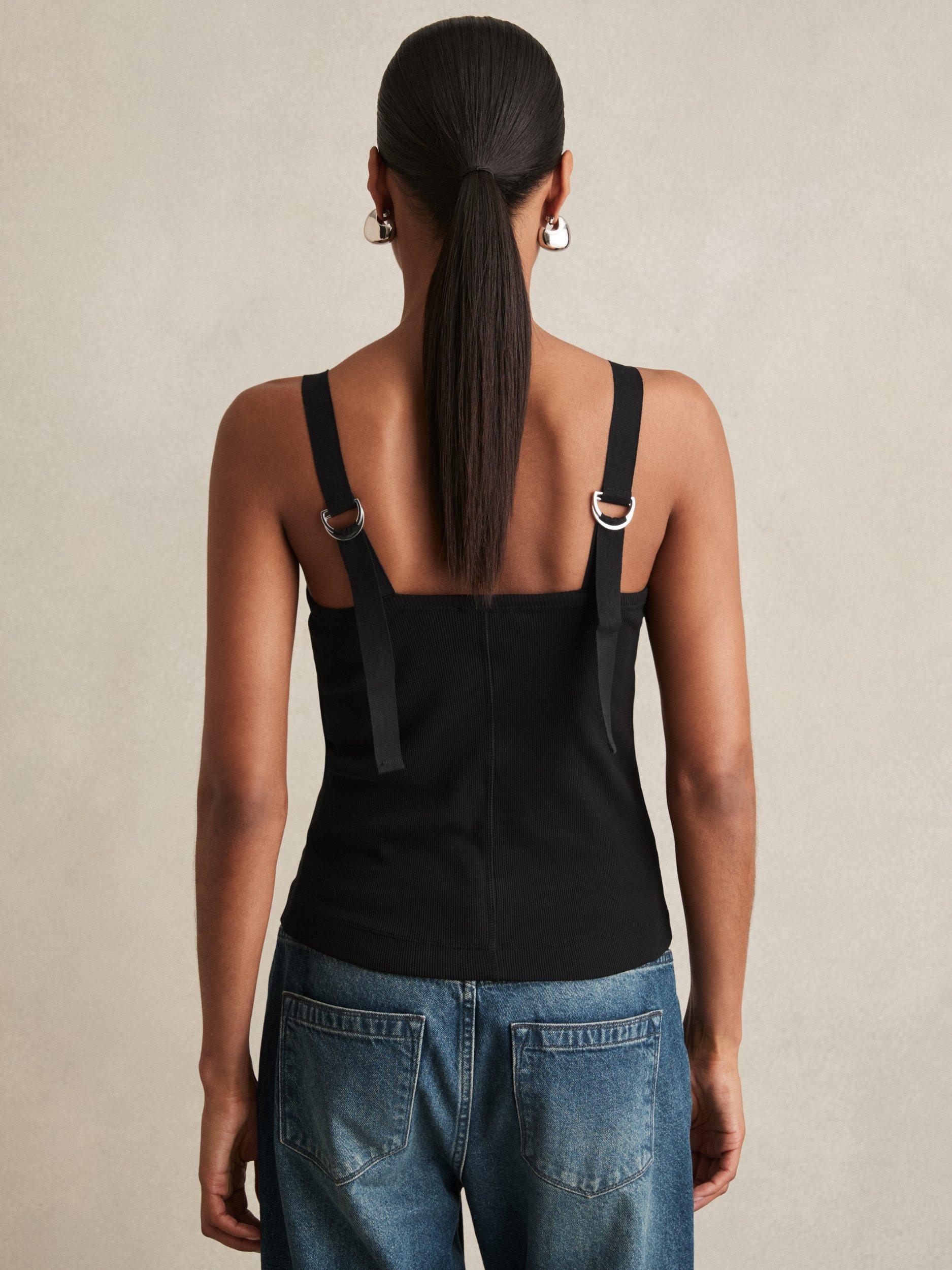 Product image 5 of 5, which shows Reiss Isabella Stretch Cotton Sleeveless D-Ring Top, Black, XS