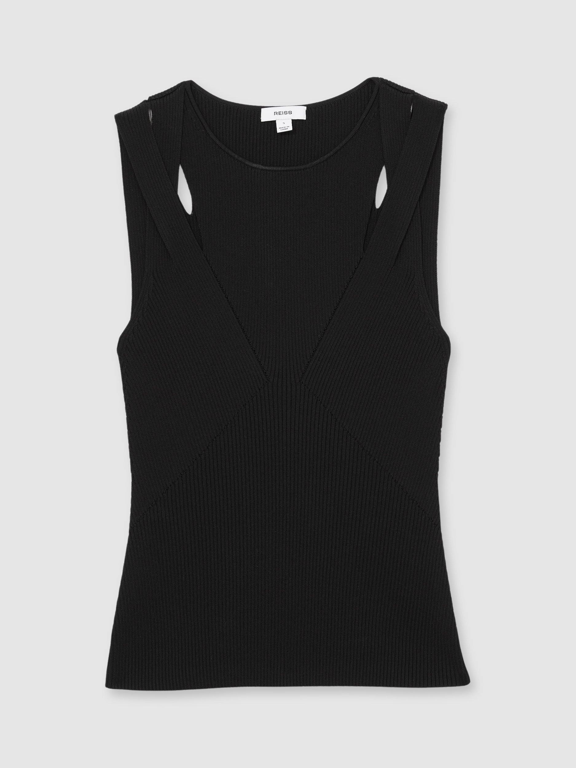Product image 3 of 5, which shows Reiss Rhylee Sleeveless Cut Out Rib Knit Top, Black, XS
