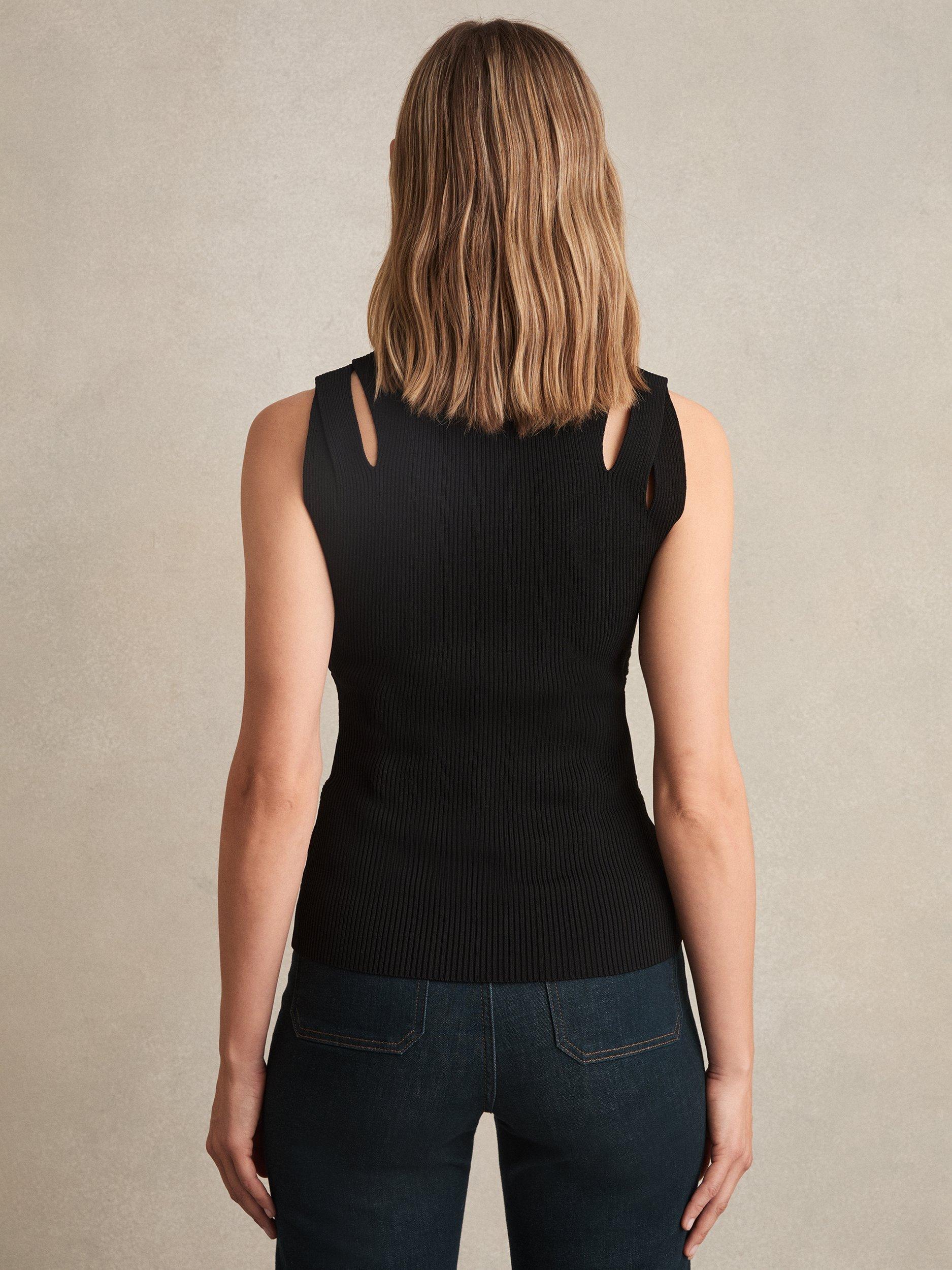 Product image 5 of 5, which shows Reiss Rhylee Sleeveless Cut Out Rib Knit Top, Black, XS