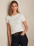 Reiss Tess Ribbed Cotton Ruched Crew Neck T-Shirt, White, White