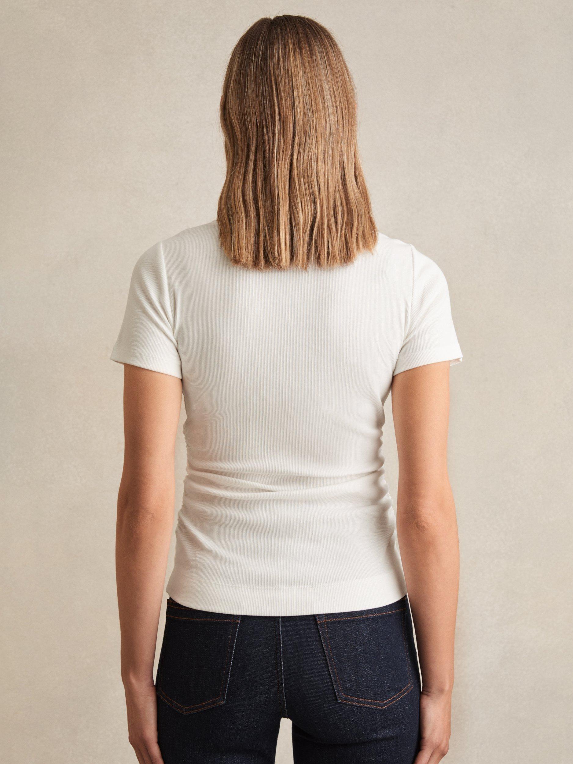 Product image 2 of 5, which shows Reiss Tess Ribbed Cotton Ruched Crew Neck T-Shirt, White, XS