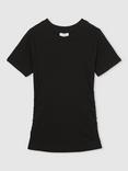 Reiss Tess Ribbed Cotton Ruched Crew Neck T-Shirt, White
