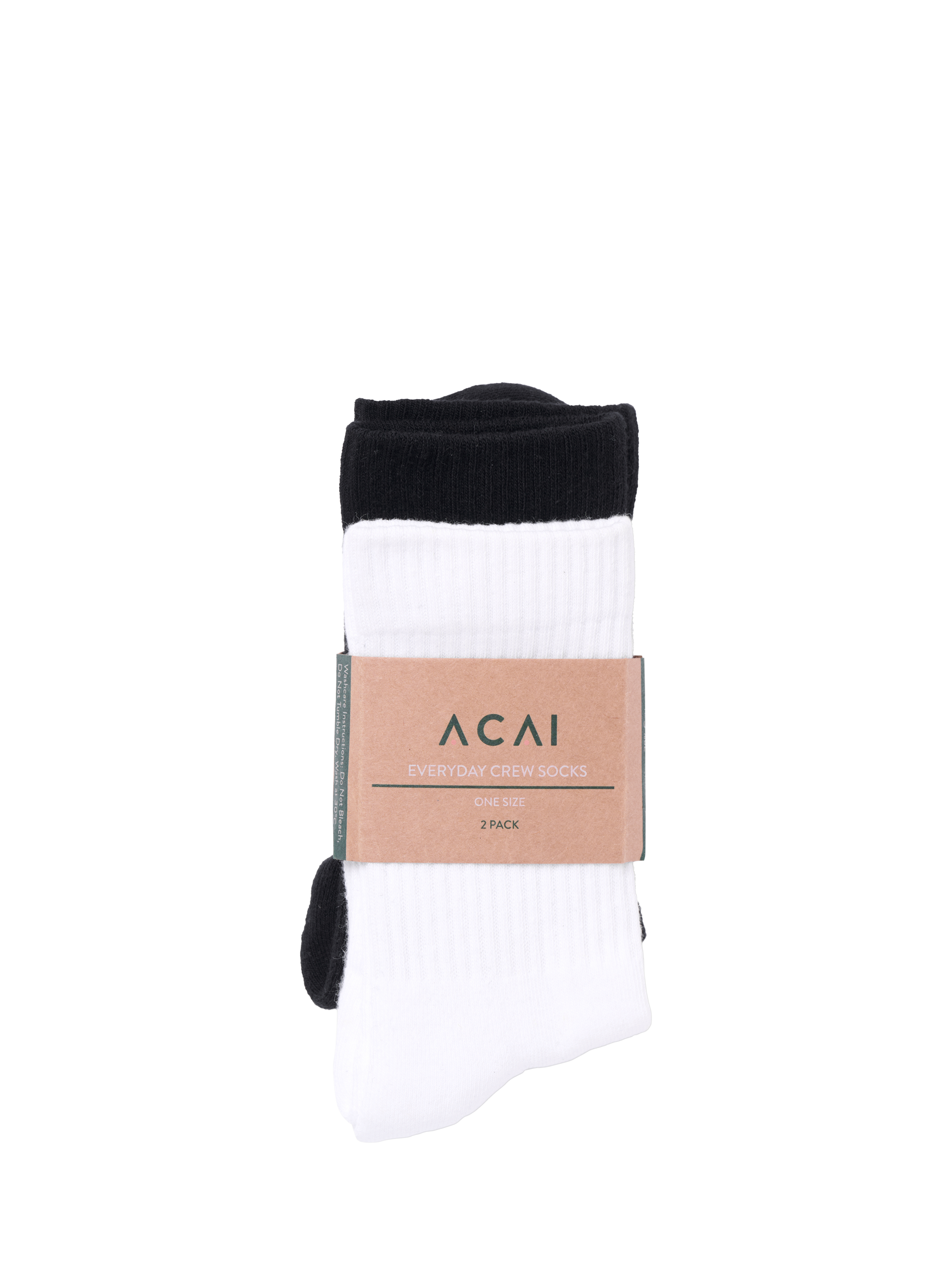 Product image 1 of 3, which shows ACAI Everyday Ribbed Crew Socks, Pack of 2, Black/White, One Size