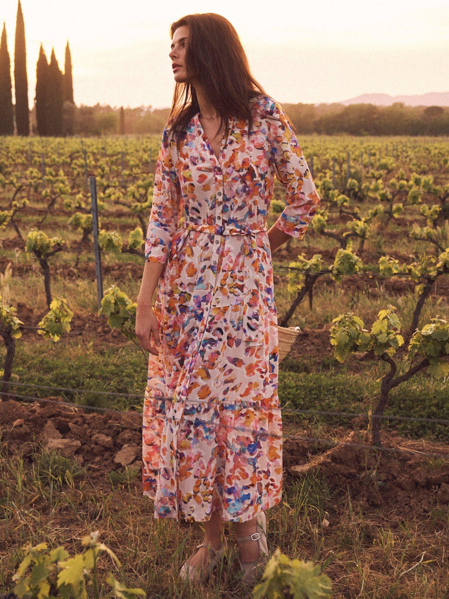 Product image 1 of 6, which shows NRBY Avery Floral Print Silk Maxi Dress, Multi, XS