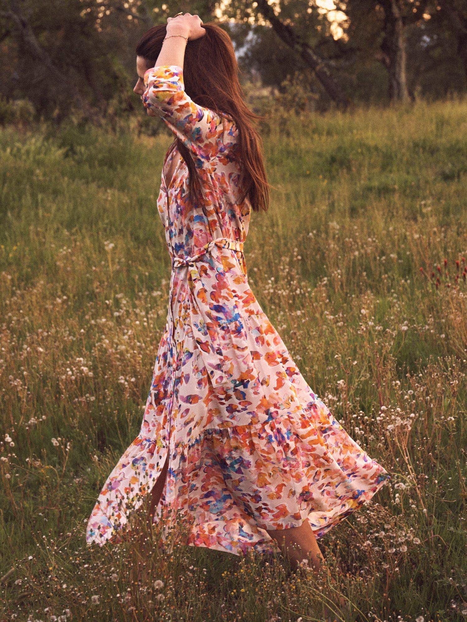 Product image 2 of 6, which shows NRBY Avery Floral Print Silk Maxi Dress, Multi, XS