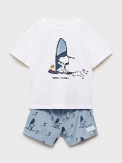 Mango Kids' Cotton Snoopy Short Pyjama Set, Medium Blue, Medium Blue