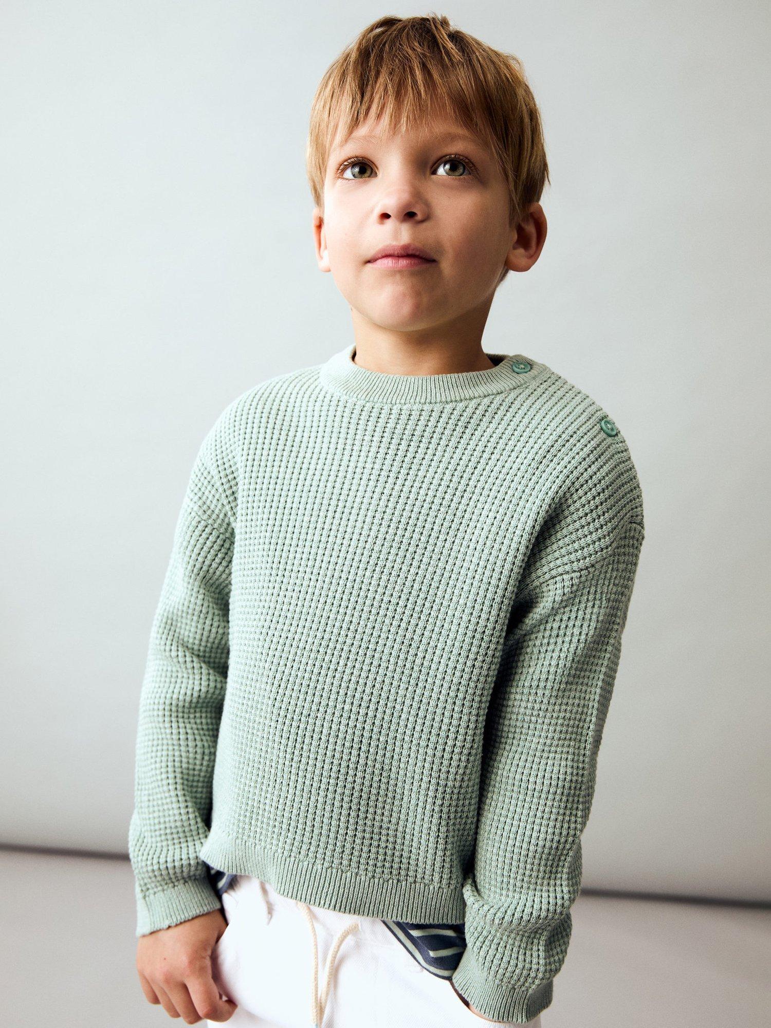 Product image 1 of 7, which shows Mango Kids' Archie Cotton Knit Blend Relaxed Jumper, Turquoise - Aqua, 12-18 months