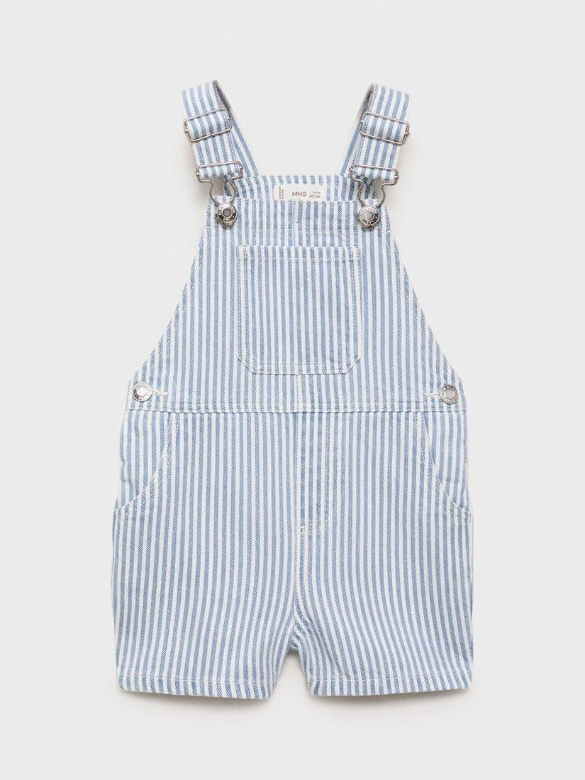 Product image 1 of 4, which shows Mango Kids' Caicos Cotton Striped Short Dungarees, Open Blue, 12-18 months
