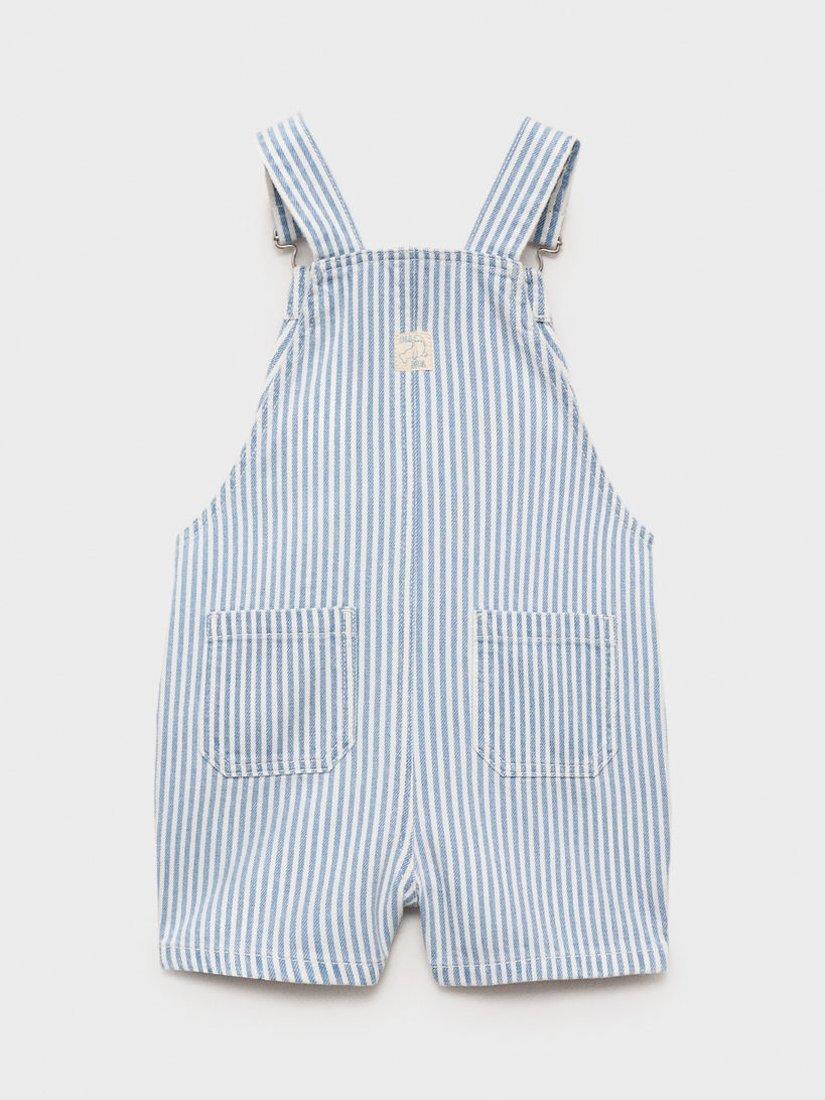 Product image 2 of 4, which shows Mango Kids' Caicos Cotton Striped Short Dungarees, Open Blue, 12-18 months