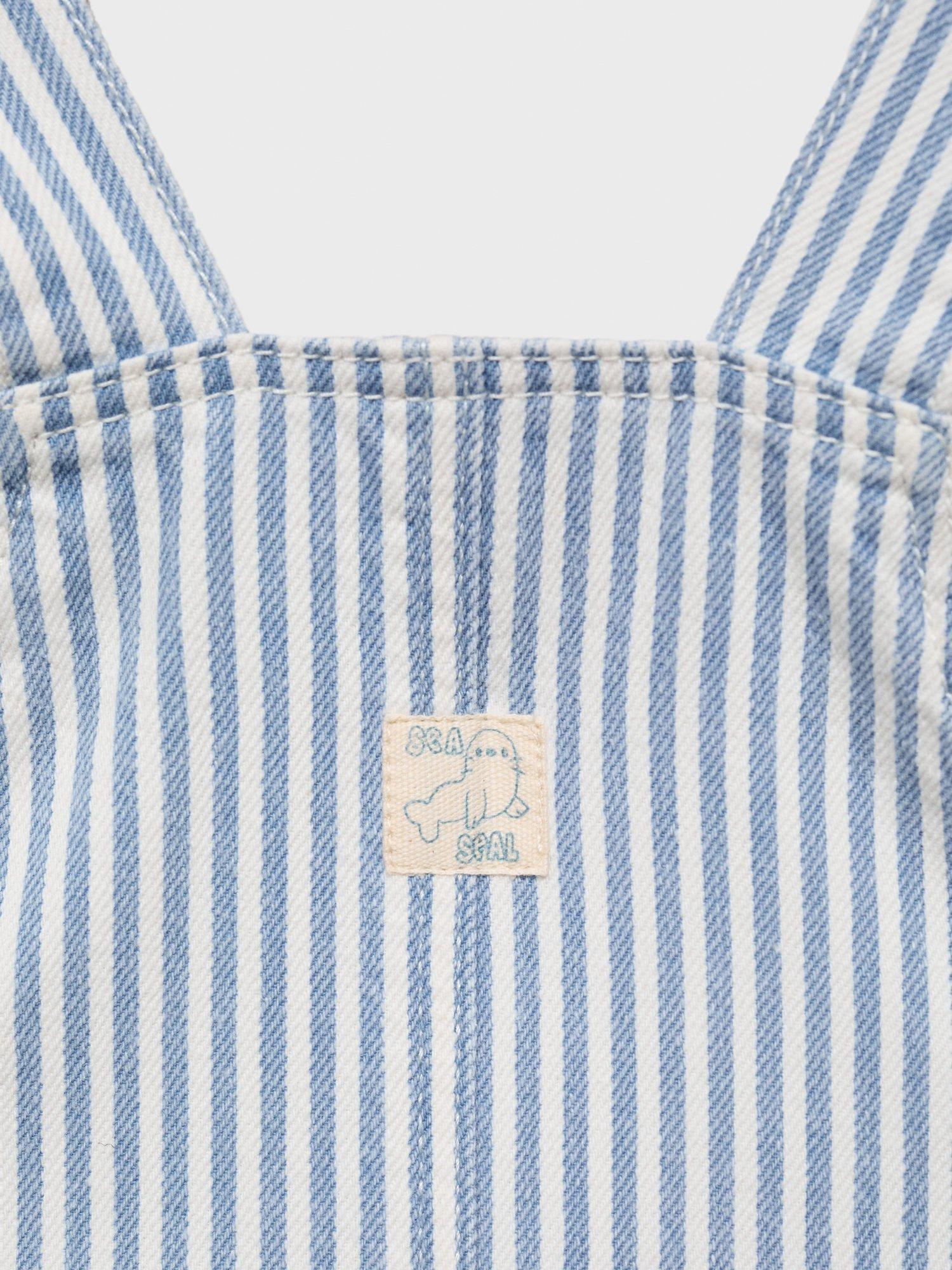 Product image 3 of 4, which shows Mango Kids' Caicos Cotton Striped Short Dungarees, Open Blue, 12-18 months