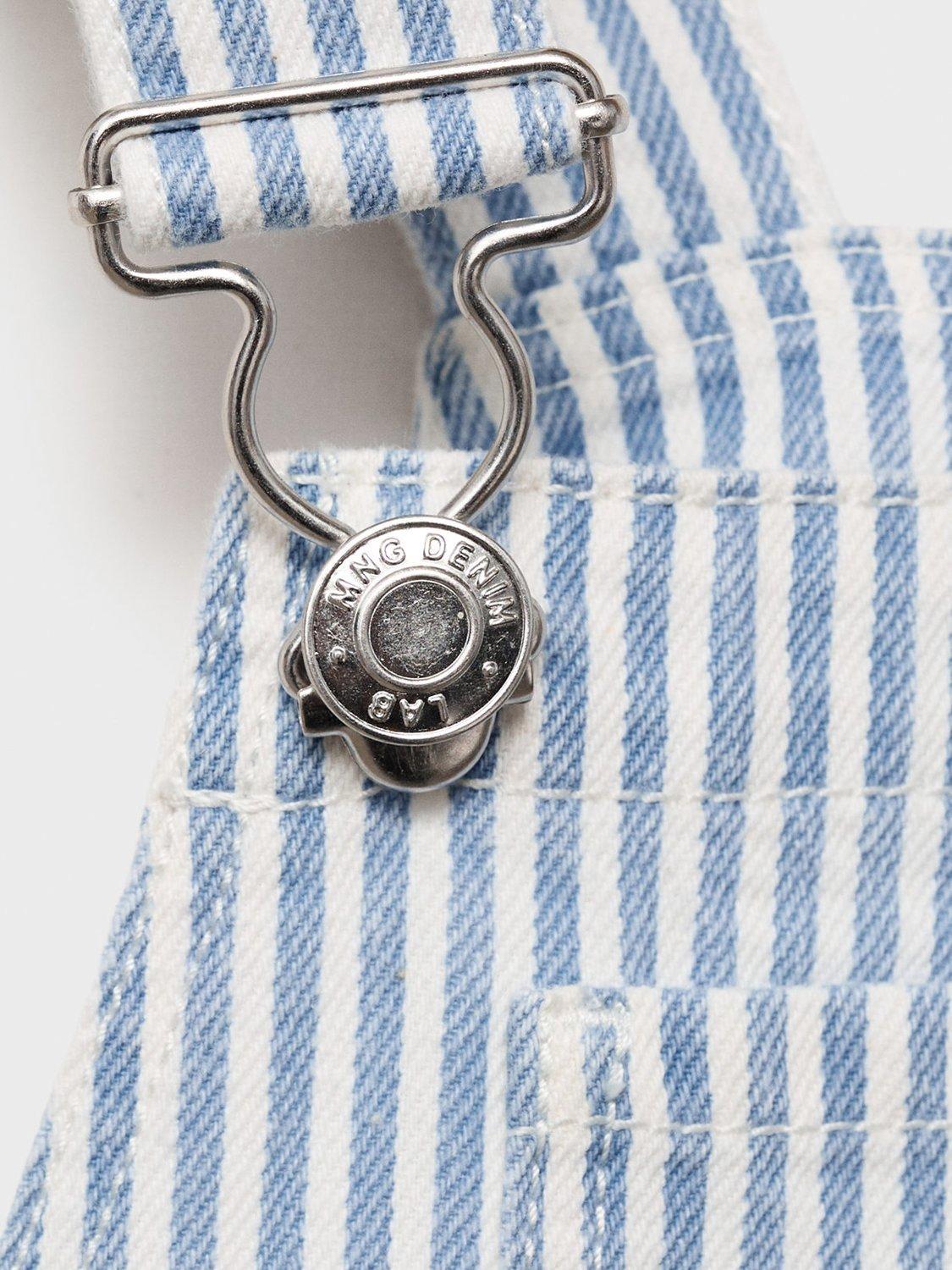 Product image 4 of 4, which shows Mango Kids' Caicos Cotton Striped Short Dungarees, Open Blue, 12-18 months
