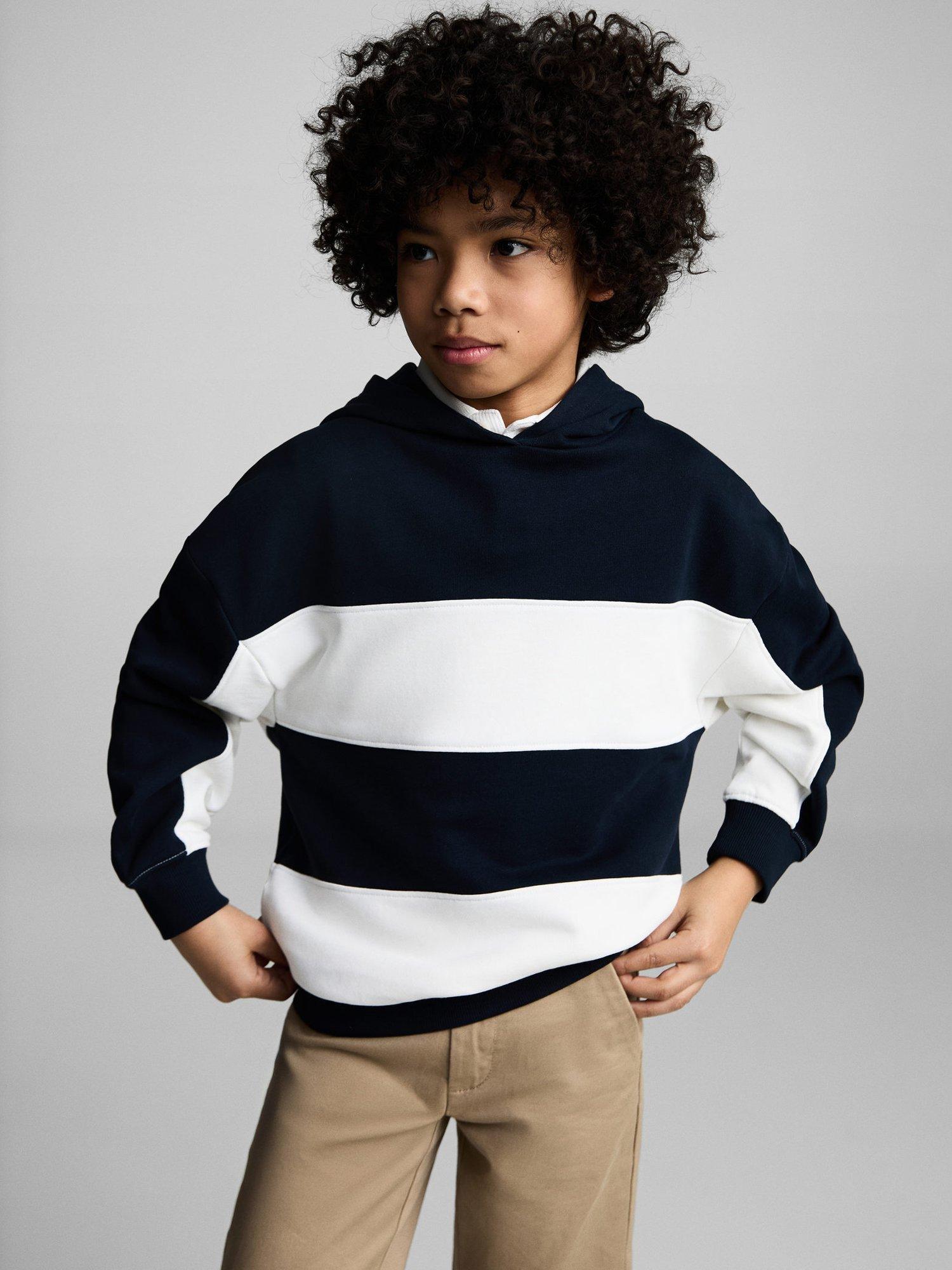 Product image 1 of 6, which shows Mango Kids' Cotton Striped Hooded Sweatshirt, Navy, 11-12 years