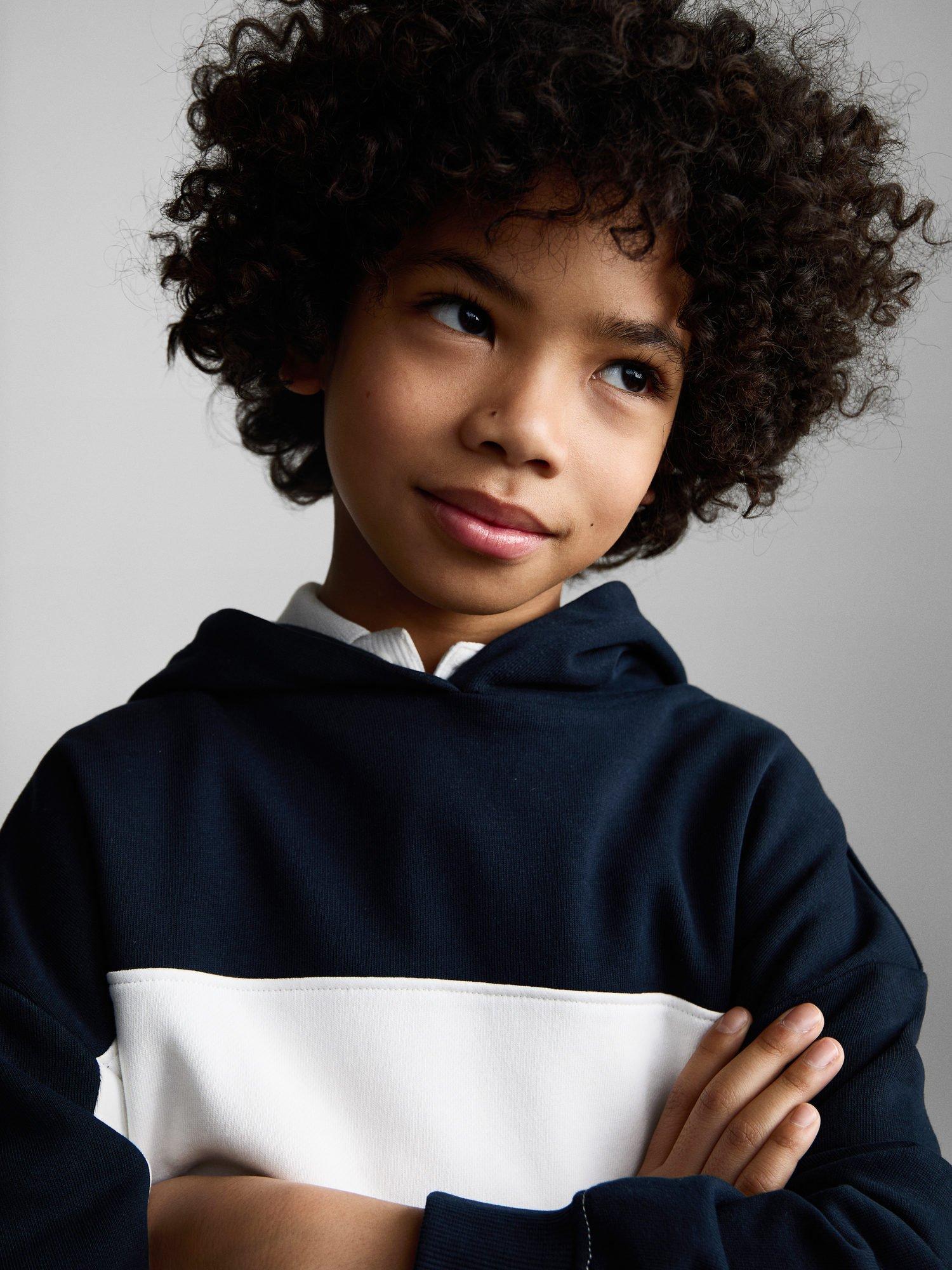 Product image 5 of 6, which shows Mango Kids' Cotton Striped Hooded Sweatshirt, Navy, 11-12 years