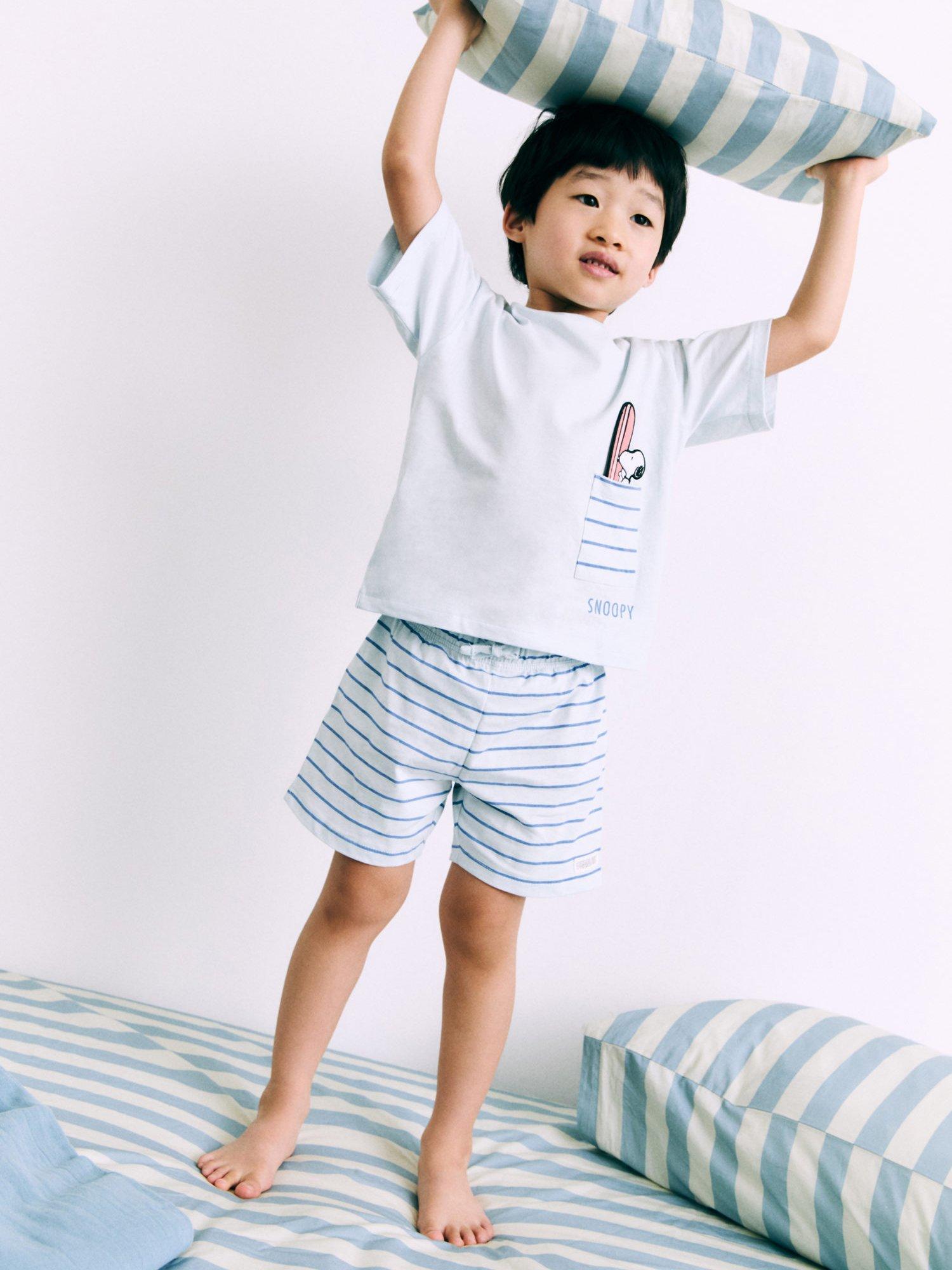 Product image 1 of 5, which shows Mango Kids' Cotton Snoopy Short Pyjama Set, Turquoise - Aqua, 12-18 months