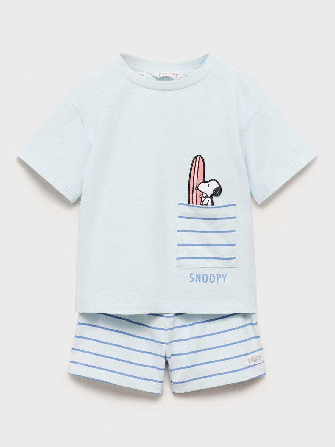 Product image 2 of 5, which shows Mango Kids' Cotton Snoopy Short Pyjama Set, Turquoise - Aqua, 12-18 months