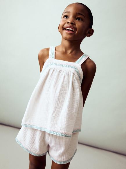 Mango Kids' Cotton Sleeveless Embroidered Blouse, White, White