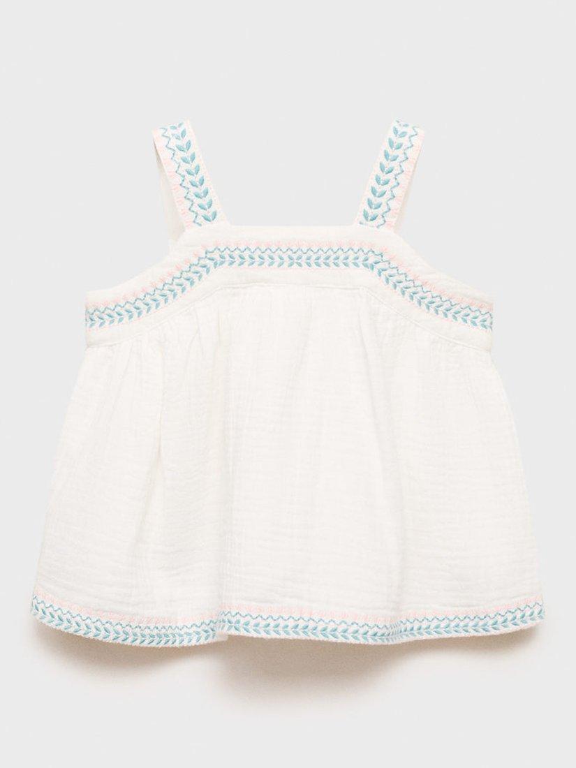 Product image 2 of 6, which shows Mango Kids' Cotton Sleeveless Embroidered Blouse, White, 12-18 months