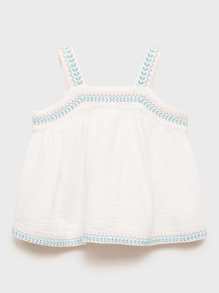 Mango Kids' Cotton Sleeveless Embroidered Blouse, White - view 2, White