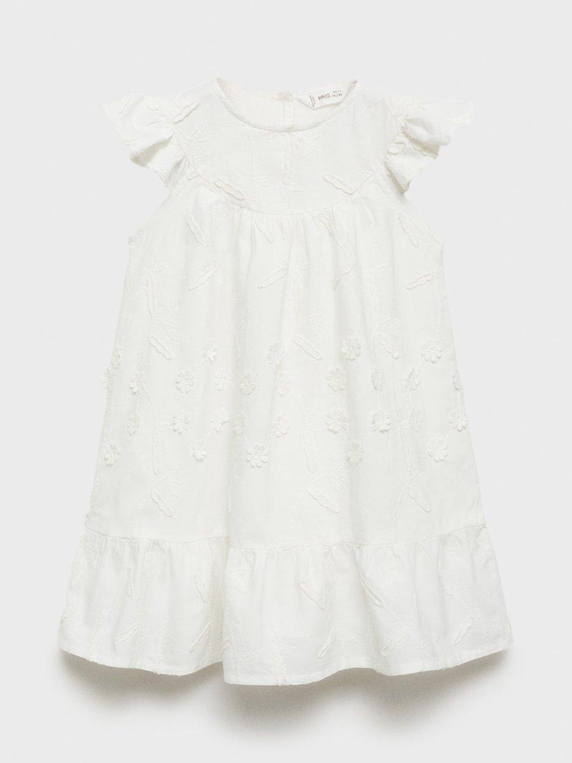 Product image 1 of 4, which shows Mango Kids' Zoe Cotton Floral Embroidery Ruffle Dress, White, 12-18 months