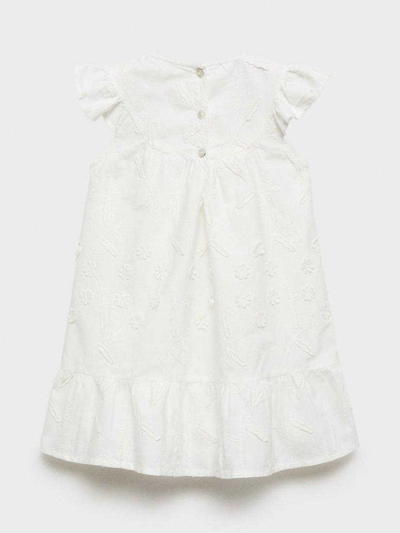 Product image 2 of 4, which shows Mango Kids' Zoe Cotton Floral Embroidery Ruffle Dress, White, 12-18 months