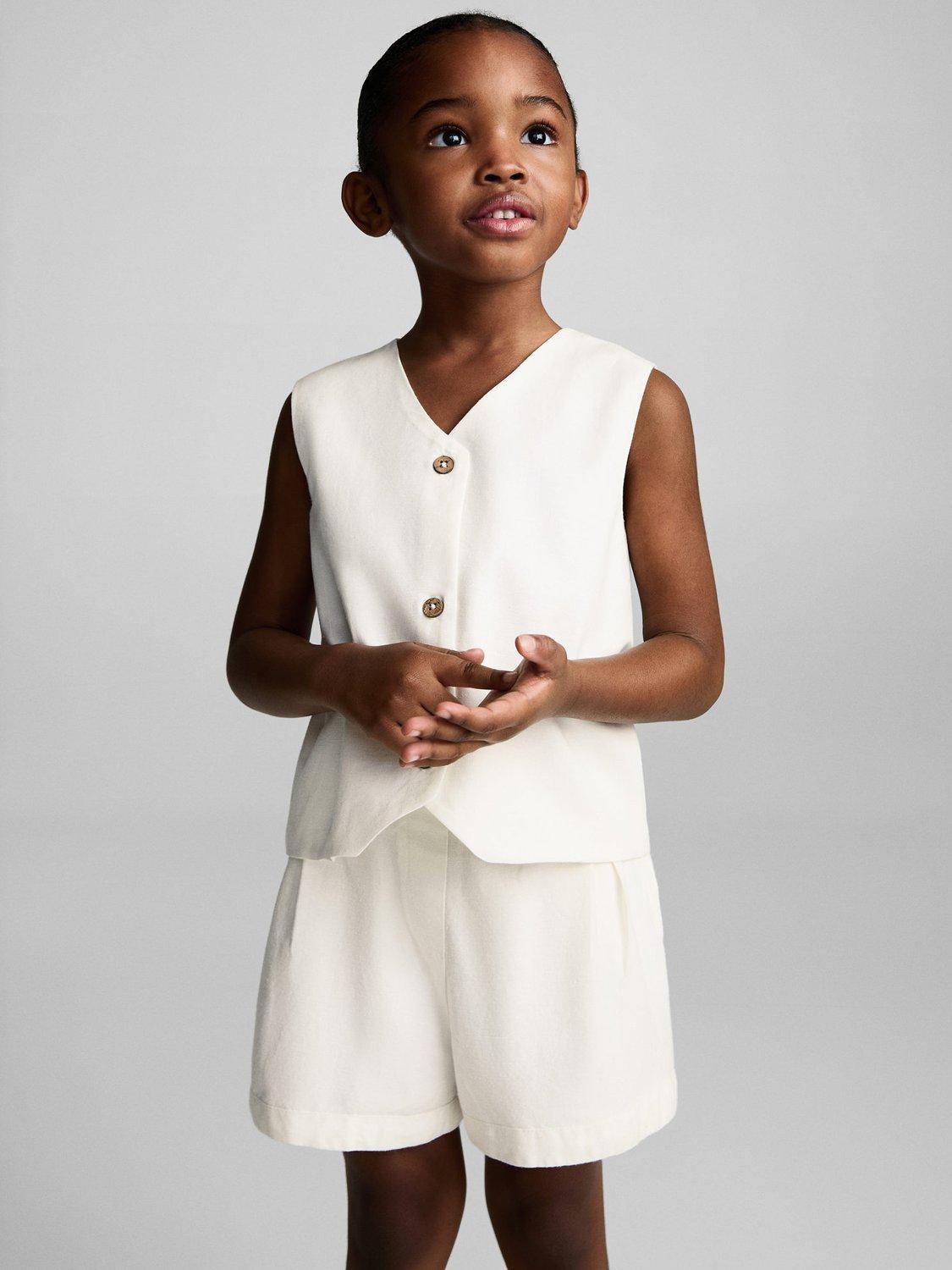 Product image 1 of 6, which shows Mango Kids' Cotton Linen Blend Slouchy Shorts, White, 12-18 months