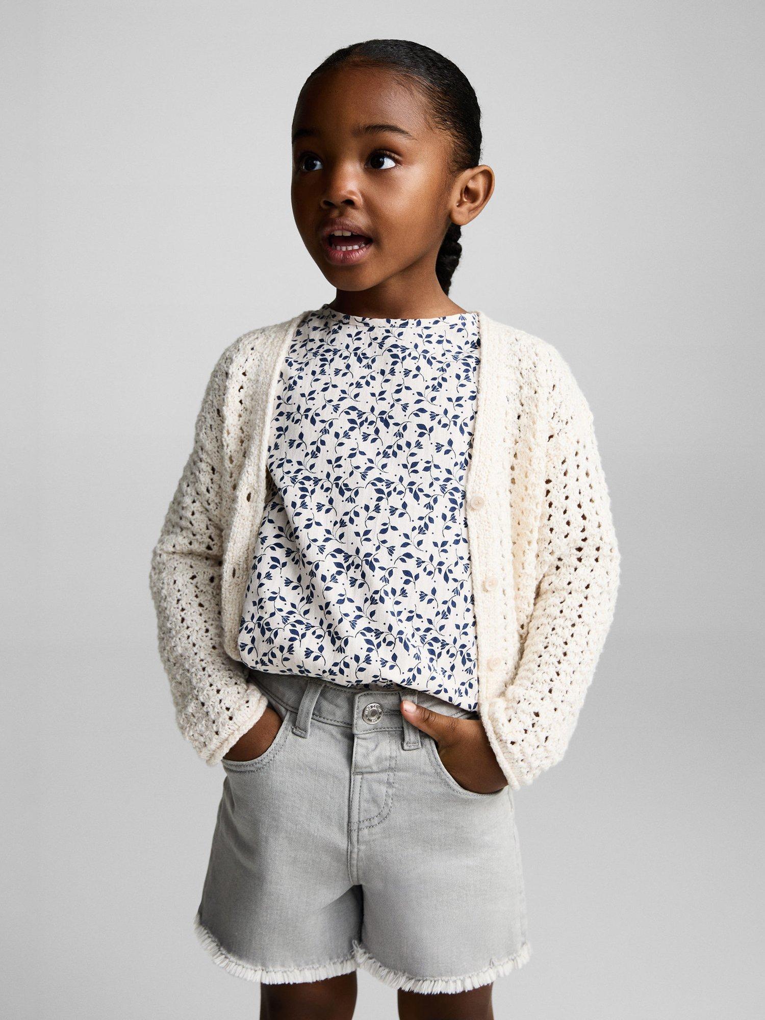 Product image 1 of 6, which shows Mango Kids' Chop Cotton Frayed Shorts, Open Grey, 12-18 months