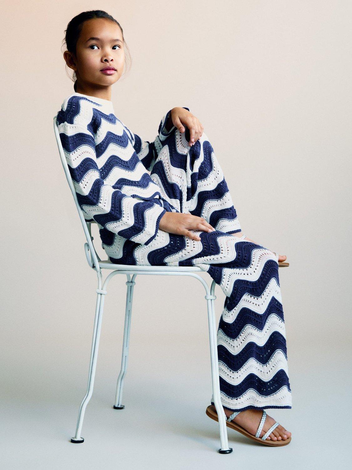 Product image 1 of 5, which shows Mango Kids' Halip Cotton Open Knit Zig-Zag Trousers, Medium Blue, 7-8 years