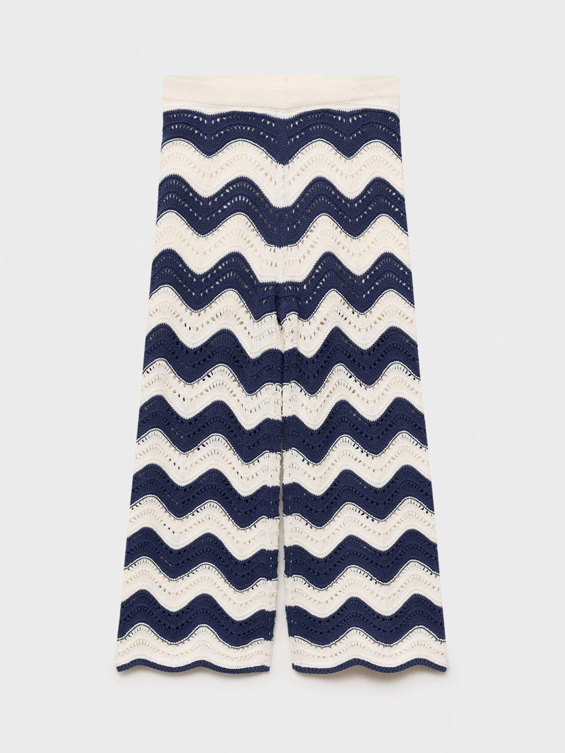 Product image 2 of 5, which shows Mango Kids' Halip Cotton Open Knit Zig-Zag Trousers, Medium Blue, 7-8 years