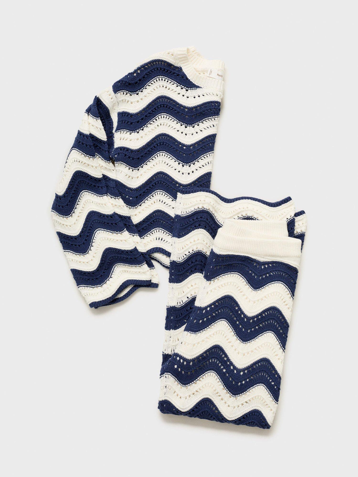Product image 5 of 5, which shows Mango Kids' Halip Cotton Open Knit Zig-Zag Trousers, Medium Blue, 7-8 years