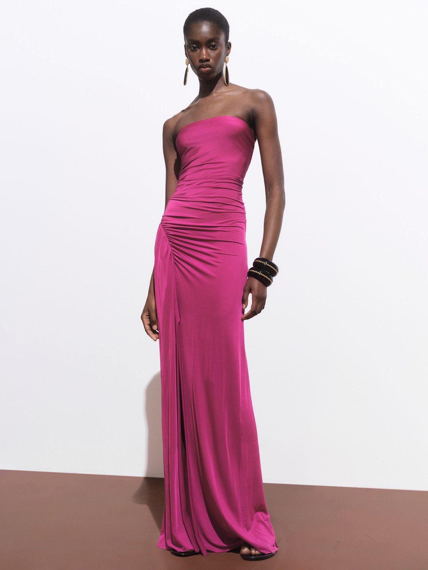 Product image 1 of 8, which shows Mango Lia Strapless Ruched Maxi Dress, Bright Pink, 10