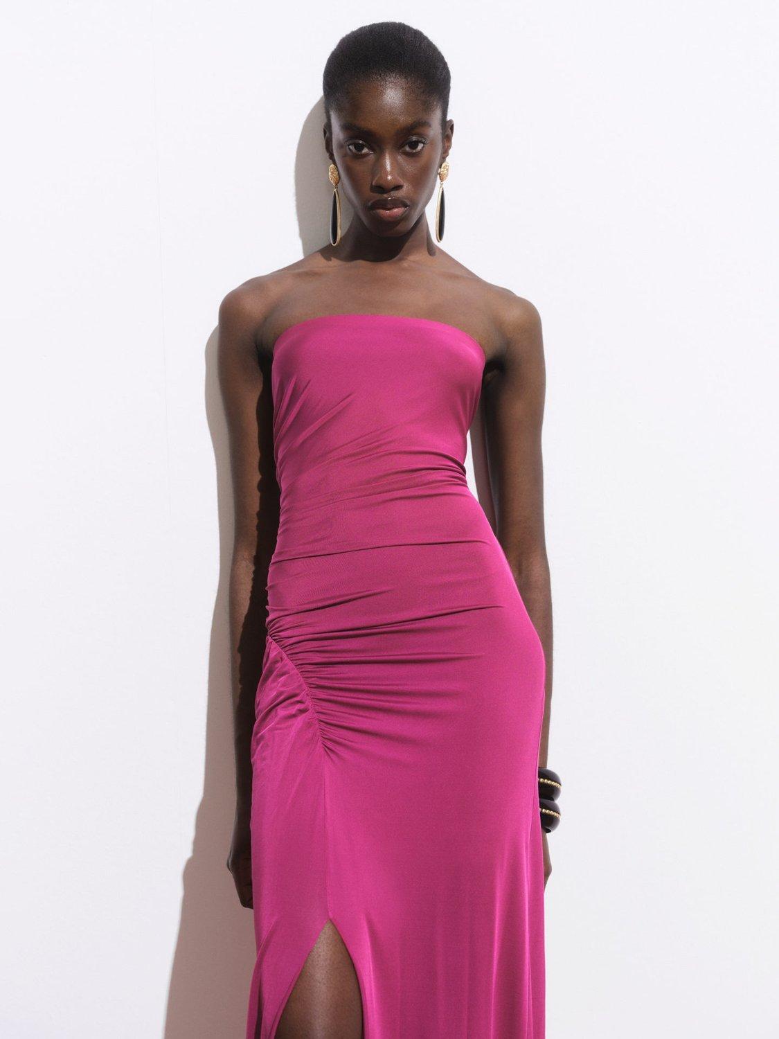 Product image 6 of 8, which shows Mango Lia Strapless Ruched Maxi Dress, Bright Pink, 10