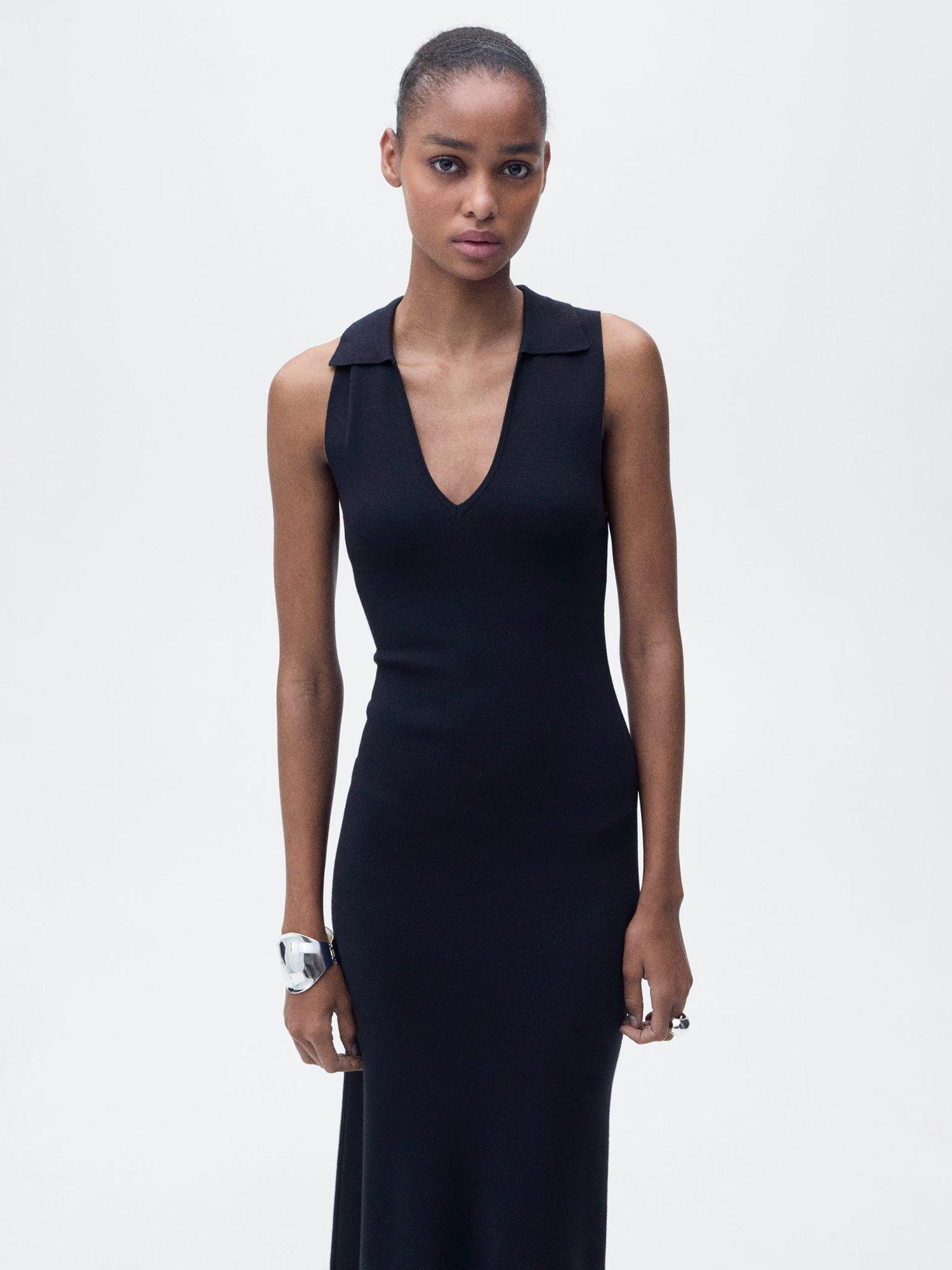 Mango Moiso Knitted Lapel Midi Dress, Navy
