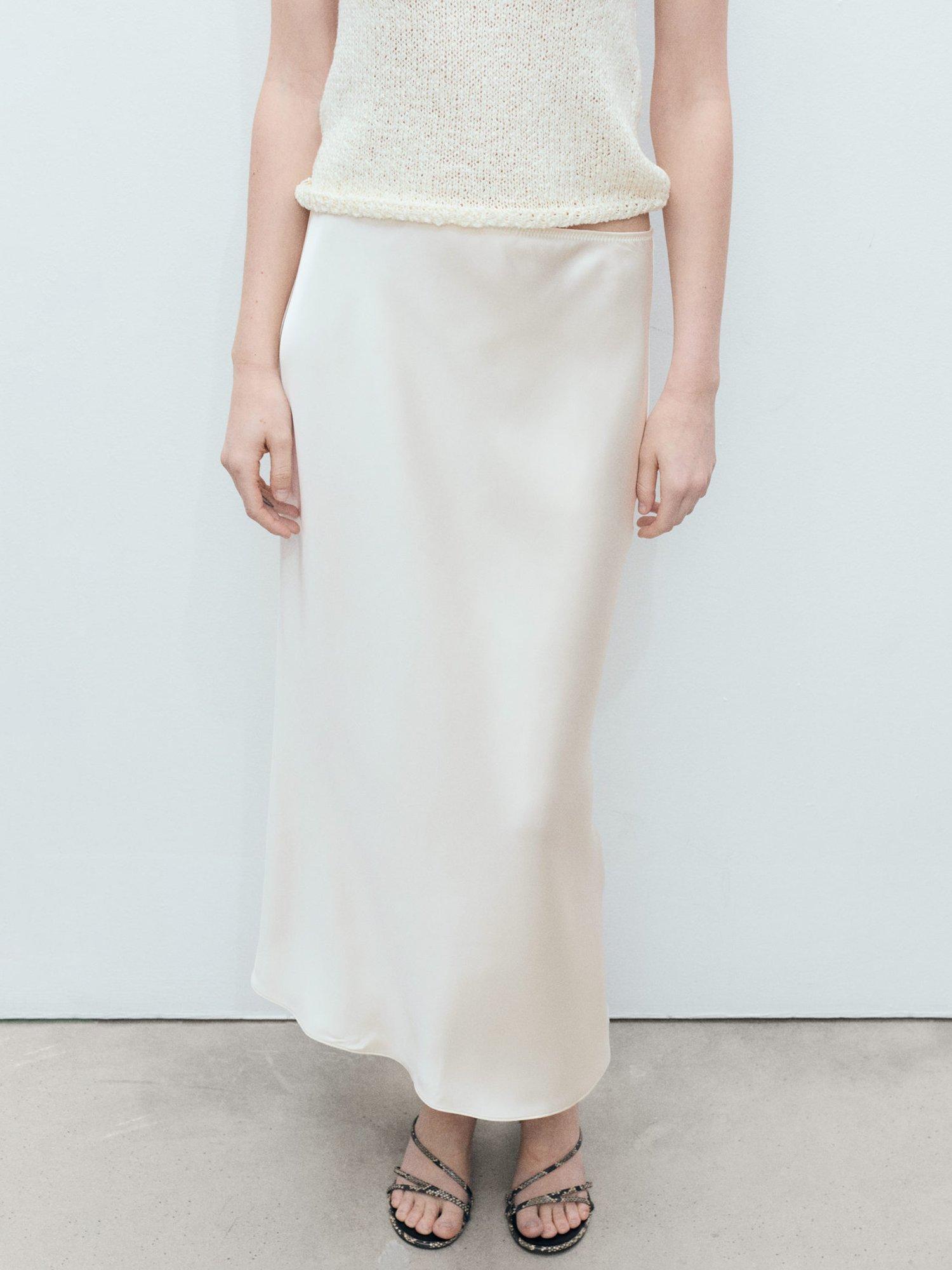 Product image 1 of 8, which shows Mango Mia Satin Midi Skirt, Light Beige, XS