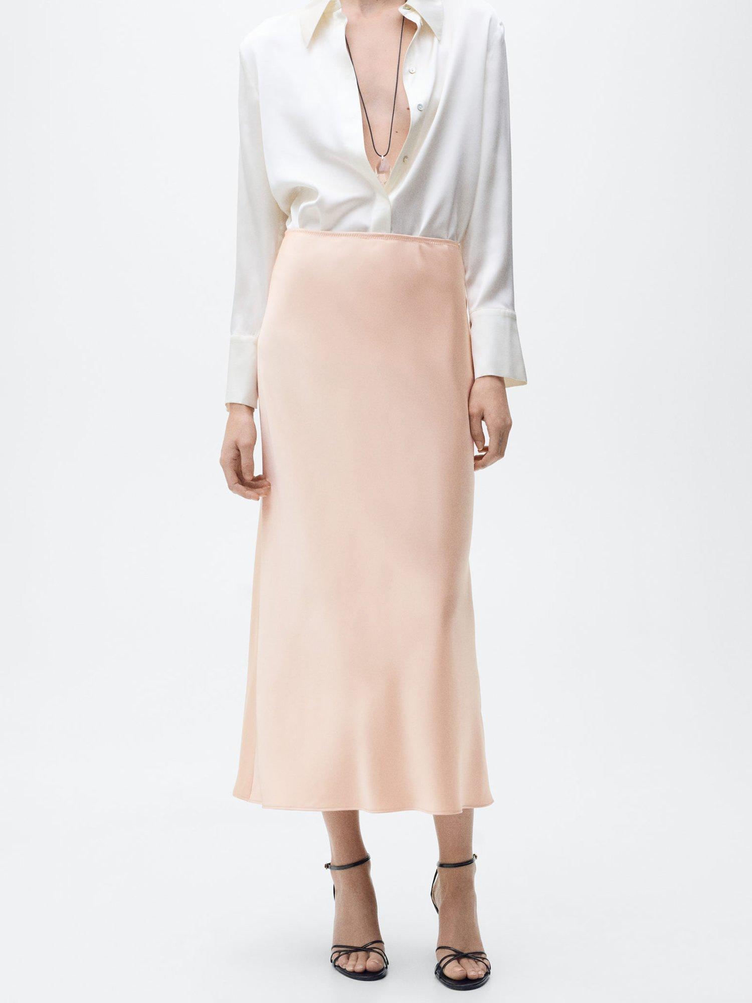 Product image 1 of 8, which shows Mango Mia Satin Midi Skirt, Pastel Orange, XXS