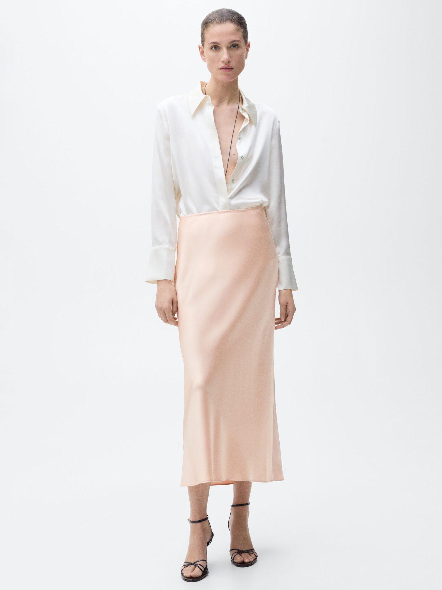 Product image 2 of 8, which shows Mango Mia Satin Midi Skirt, Pastel Orange, XXS