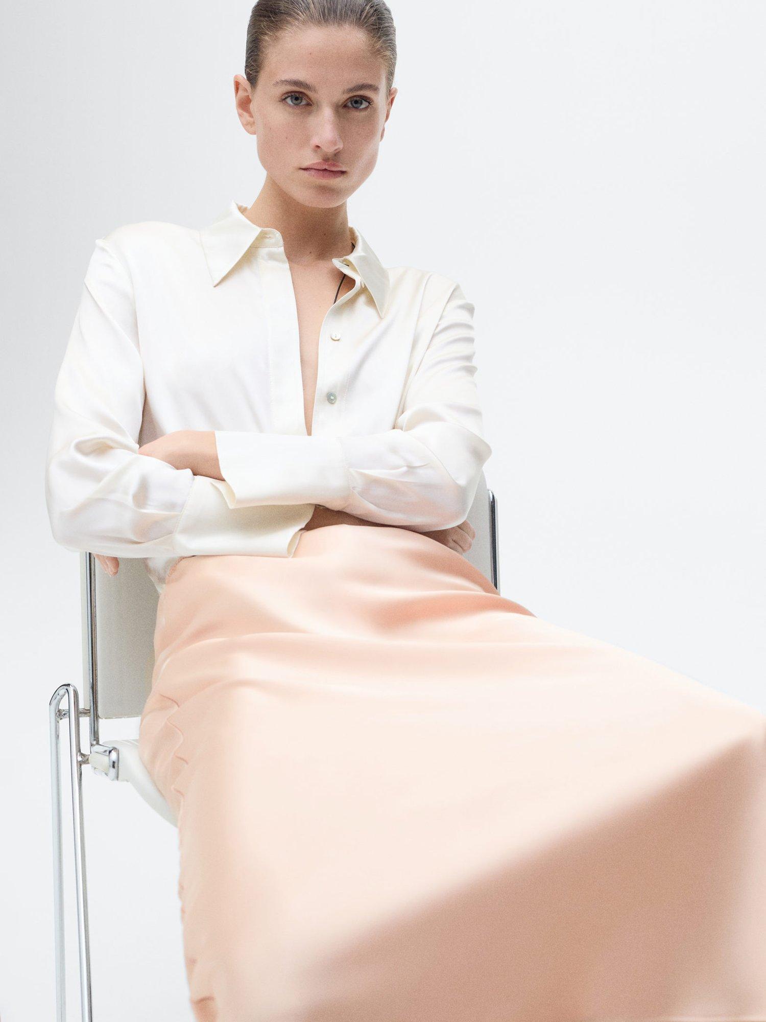 Product image 7 of 8, which shows Mango Mia Satin Midi Skirt, Pastel Orange, XXS