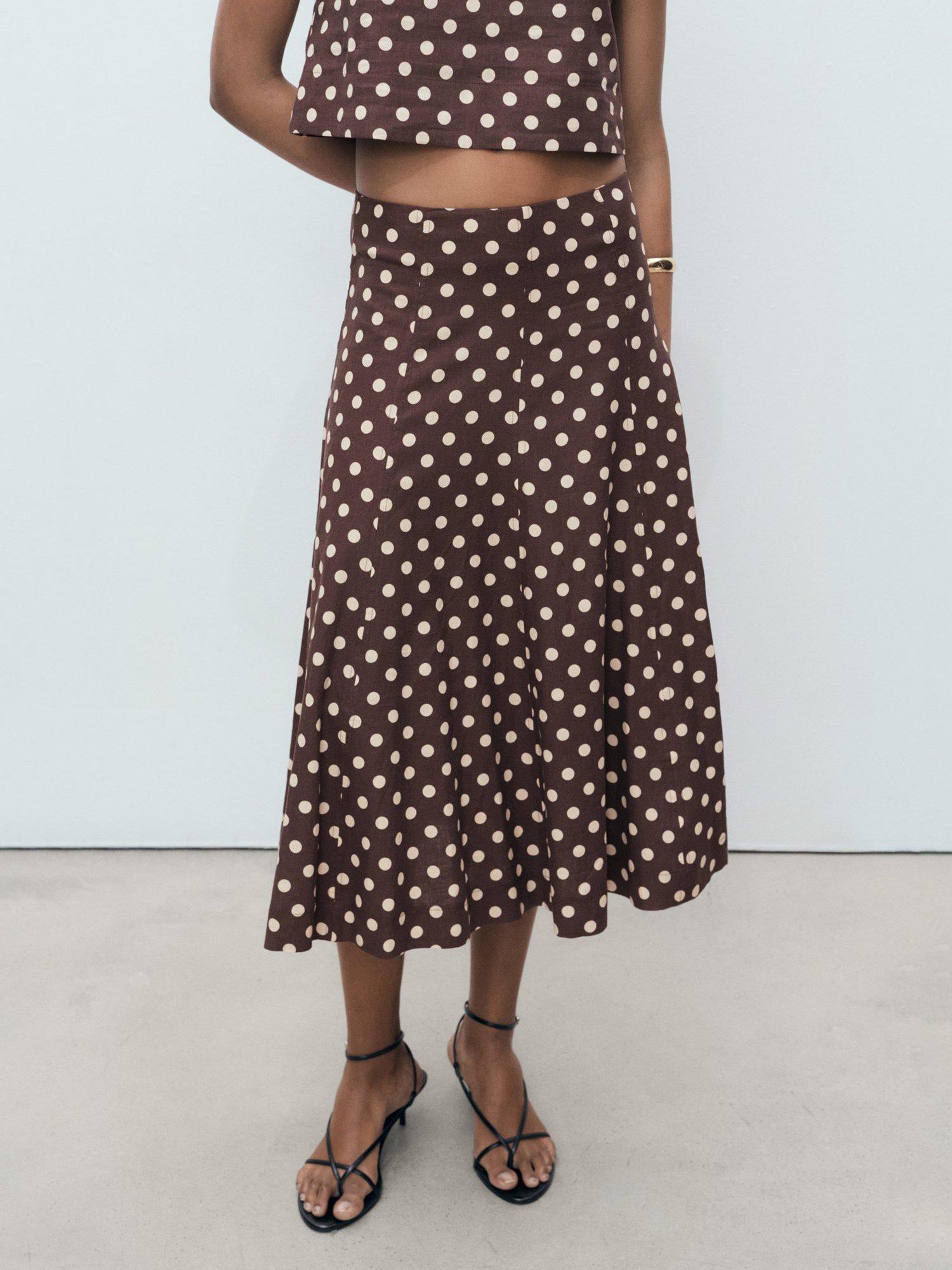 Product image 2 of 7, which shows Mango Romeo Linen Blend Polka Dot Midi Skirt, Dark Brown, 12