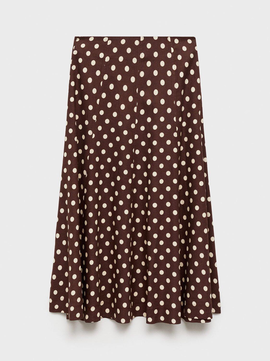 Product image 3 of 7, which shows Mango Romeo Linen Blend Polka Dot Midi Skirt, Dark Brown, 12