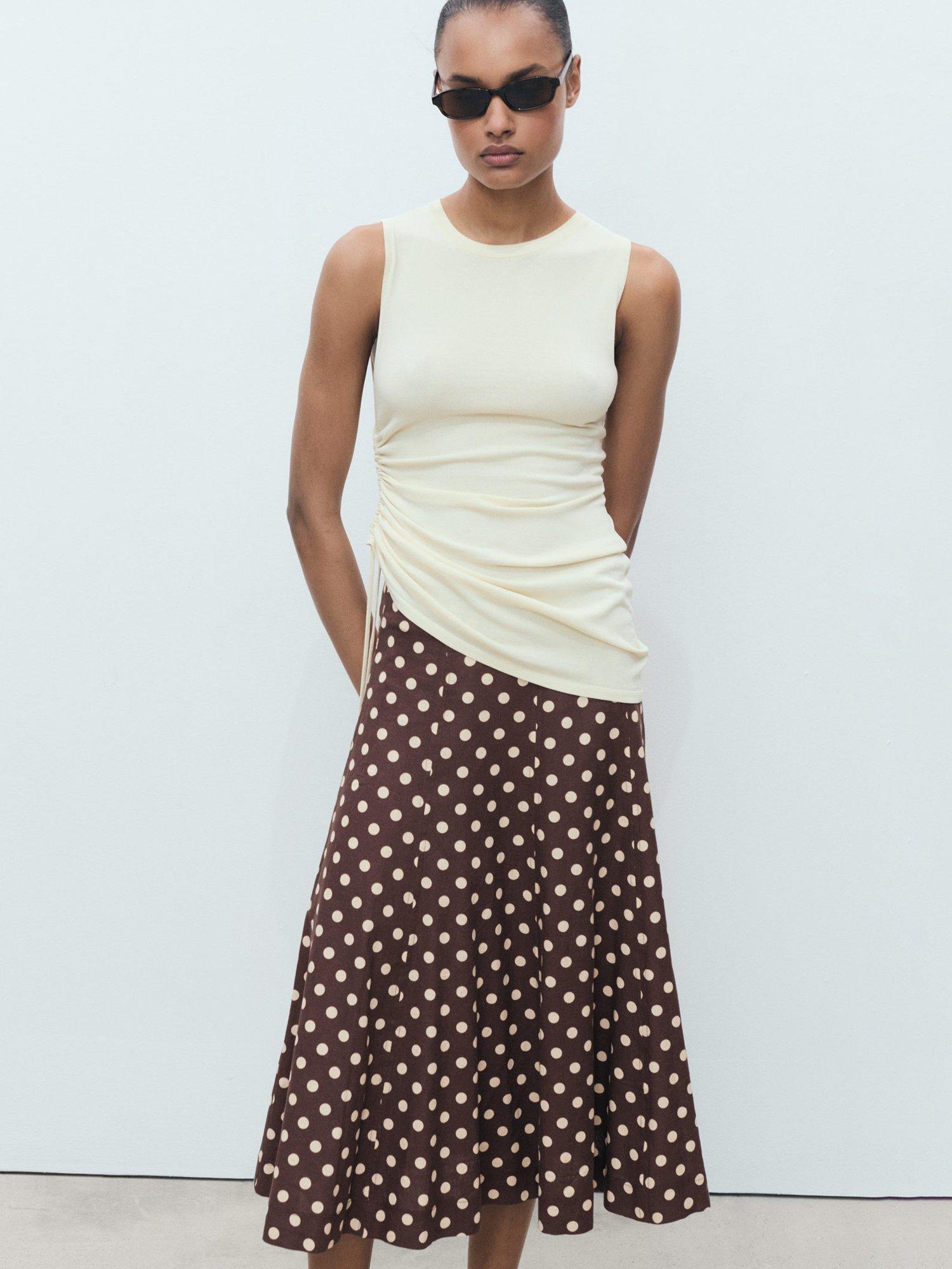 Product image 6 of 7, which shows Mango Romeo Linen Blend Polka Dot Midi Skirt, Dark Brown, 12