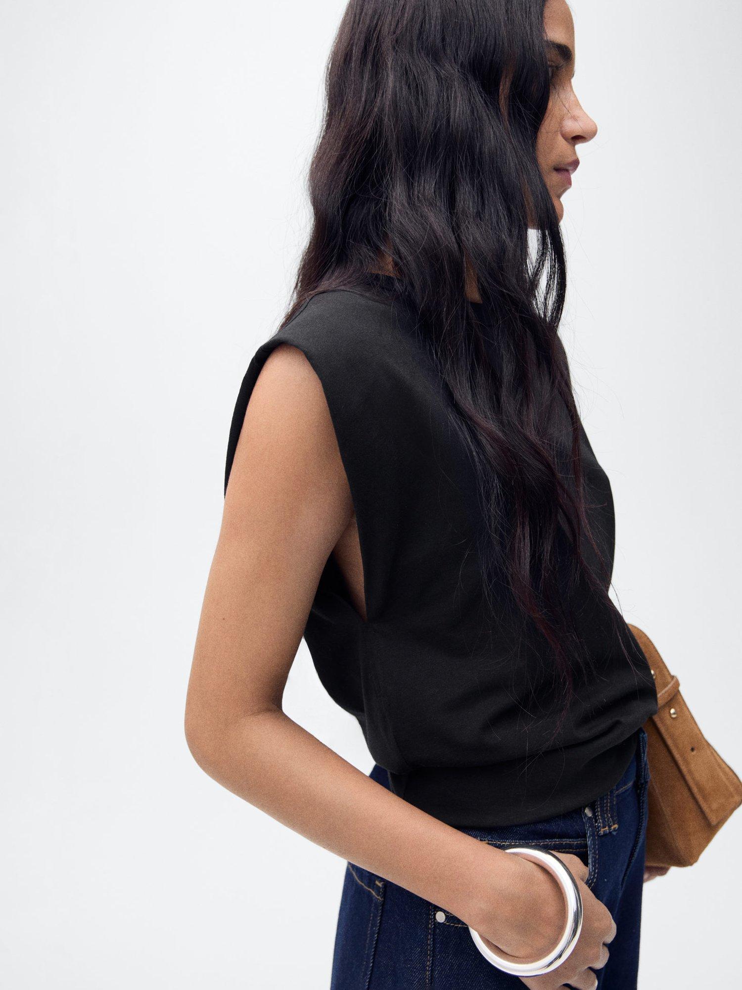Product image 1 of 8, which shows Mango Viri Cotton Short Sleeved Top, Black, M