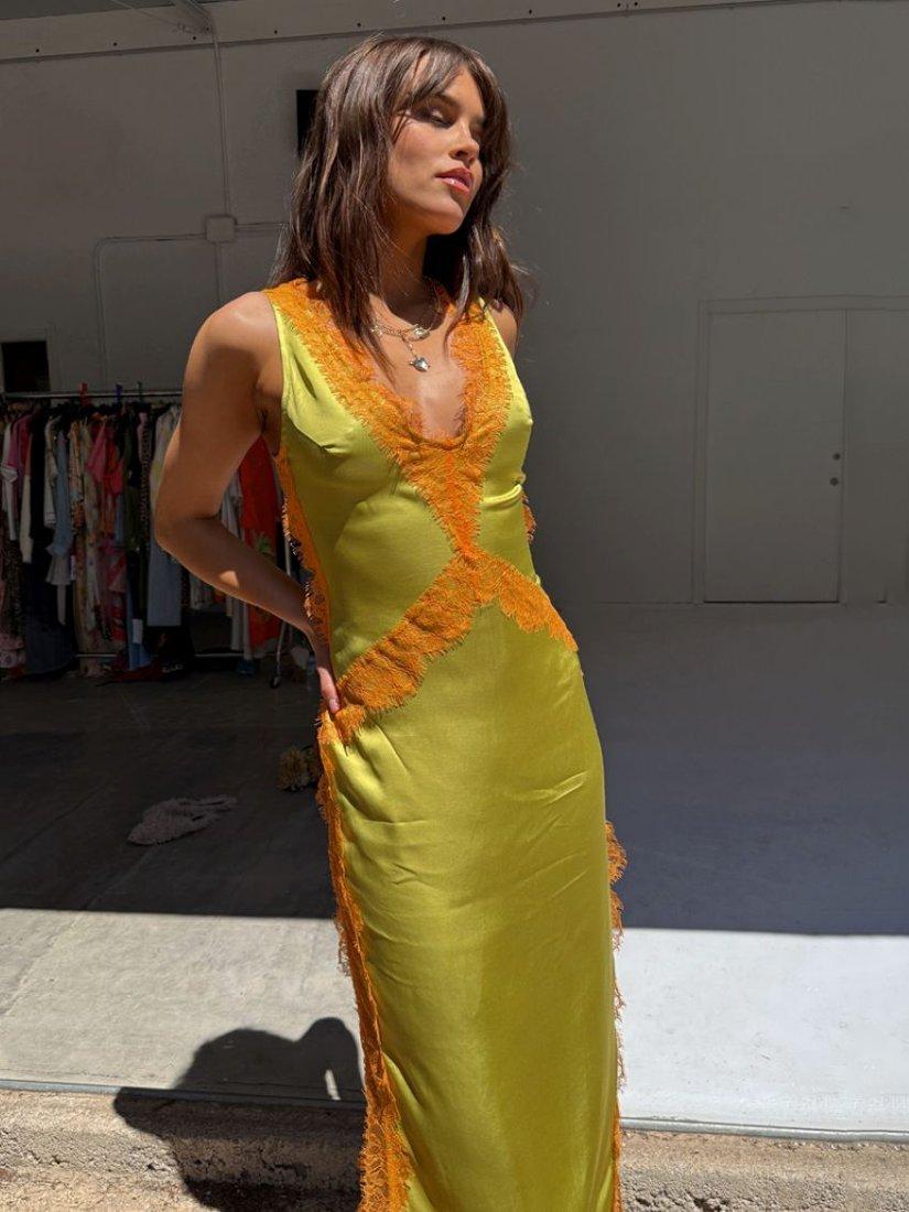 Product image 1 of 5, which shows Never Fully Dressed Plunge Neck Lace Maxi Slip Dress, Olive Green, 6