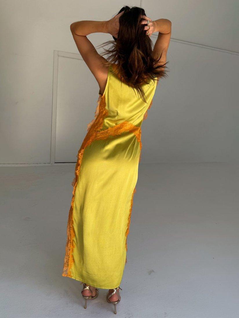 Product image 4 of 5, which shows Never Fully Dressed Plunge Neck Lace Maxi Slip Dress, Olive Green, 6