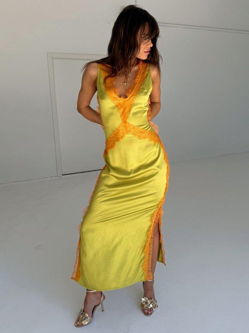 Product image 5 of 5, which shows Never Fully Dressed Plunge Neck Lace Maxi Slip Dress, Olive Green, 6