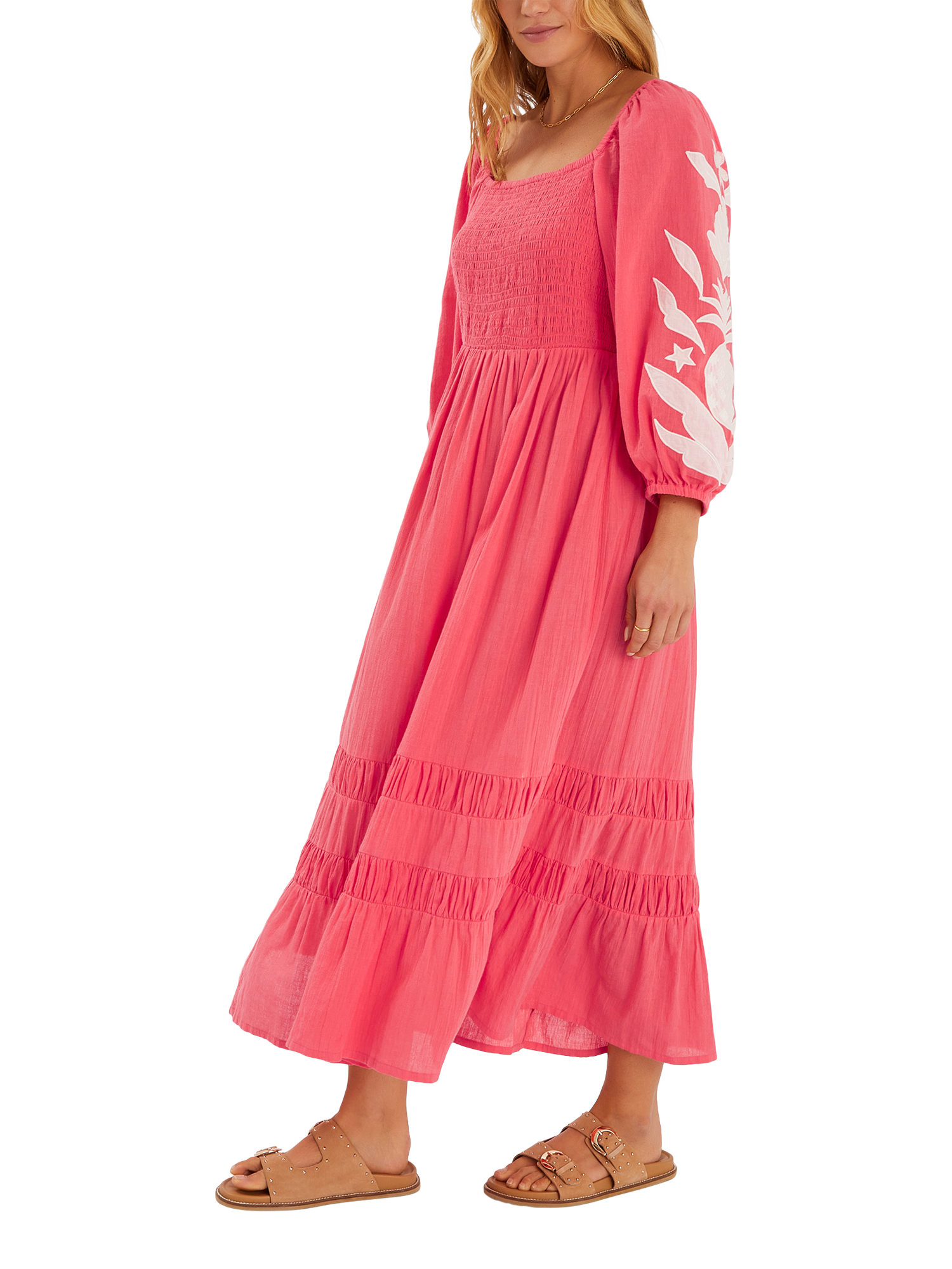 Product image 1 of 4, which shows Accessorize Pineapple Applique Smocked Maxi Dress, Coral, S