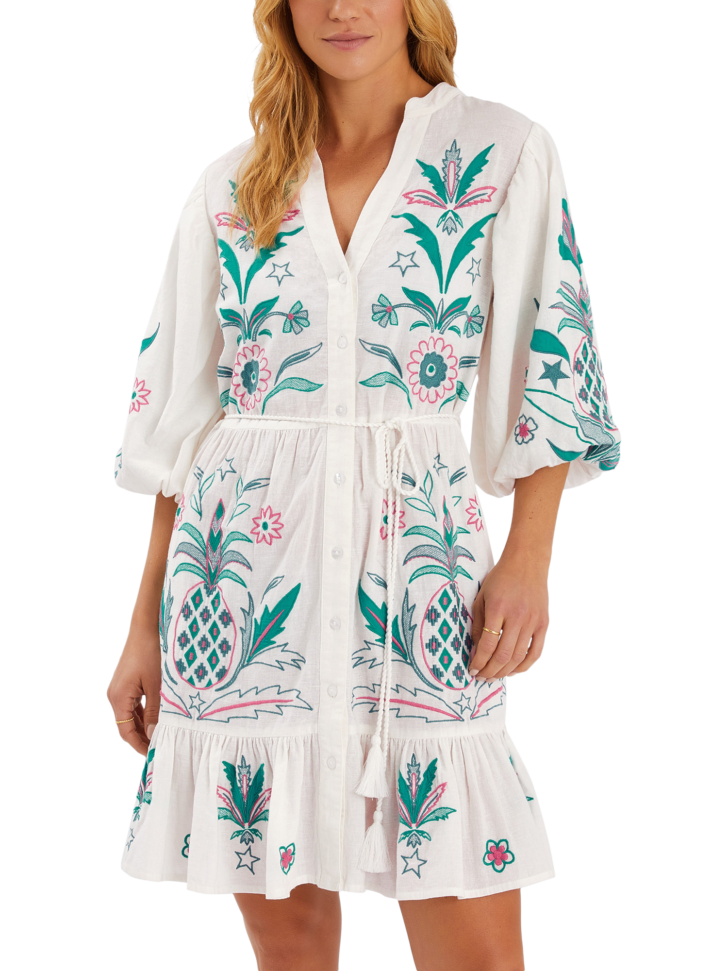 Accessorize Embroidered Pineapple Shirt Dress, White