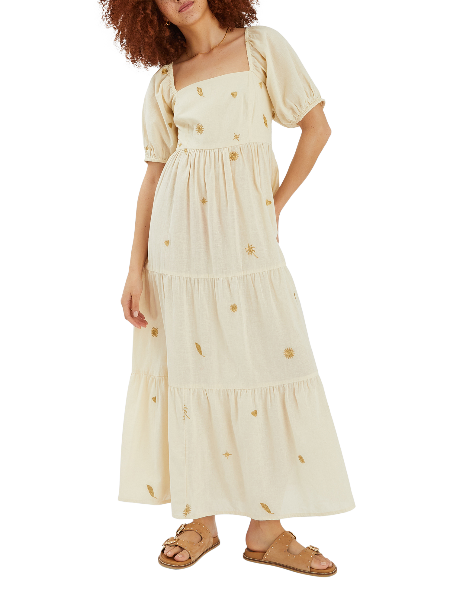 Product image 1 of 4, which shows Accessorize Embroidered Puff Sleeve Maxi Dress, Natural, S