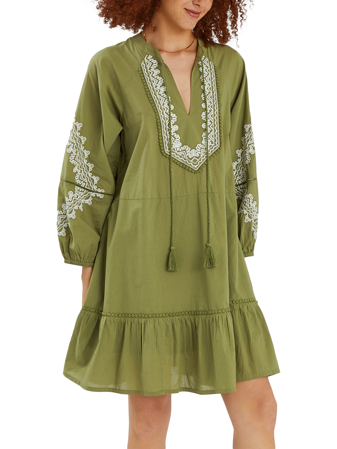 Product image 1 of 4, which shows Accessorize Embroidered Long Sleeve Mini Dress, Khaki, S