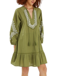 Accessorize Embroidered Long Sleeve Mini Dress, Khaki