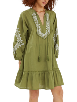 Accessorize Embroidered Long Sleeve Mini Dress, Khaki, Khaki