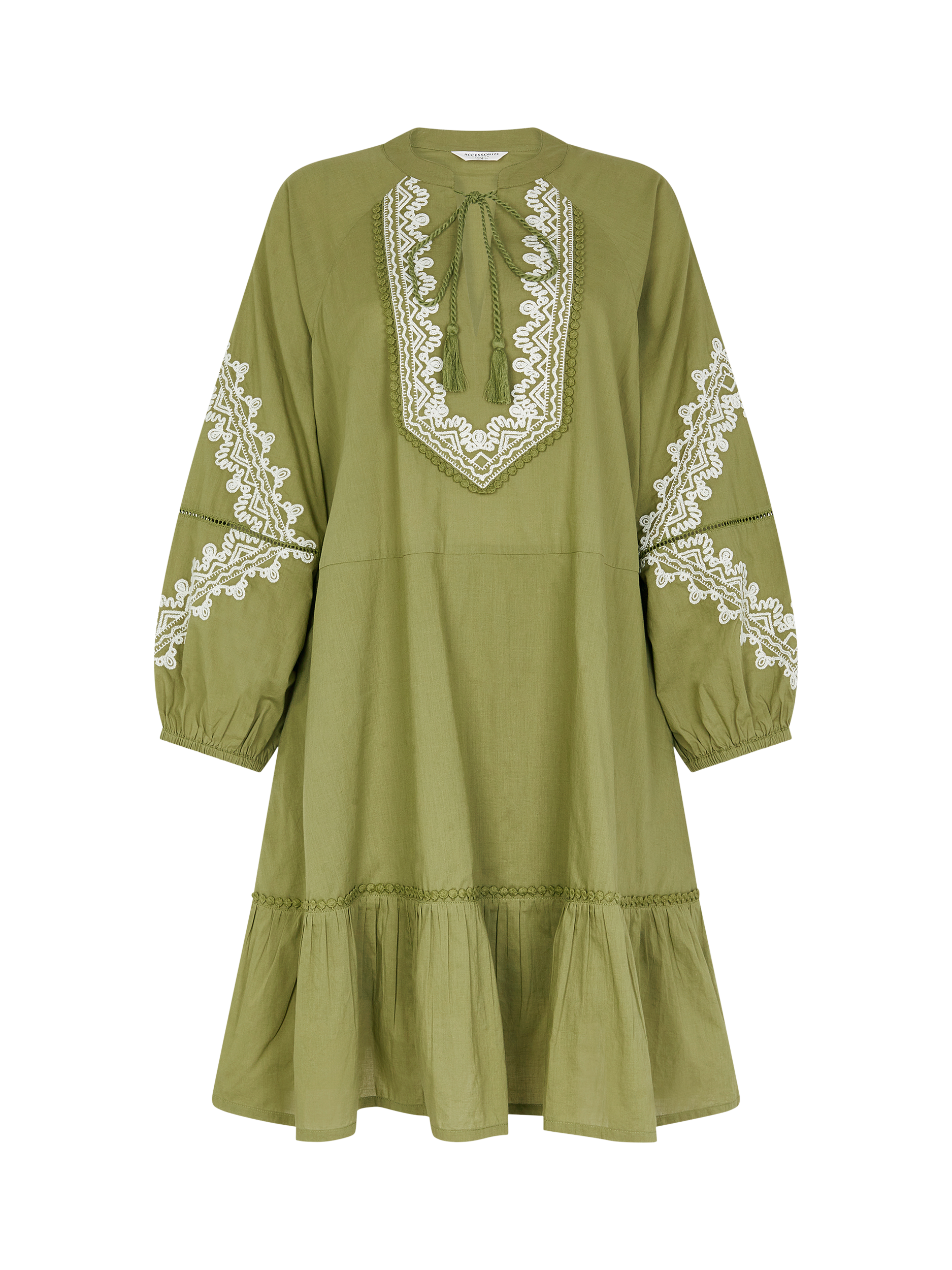 Product image 3 of 4, which shows Accessorize Embroidered Long Sleeve Mini Dress, Khaki, S